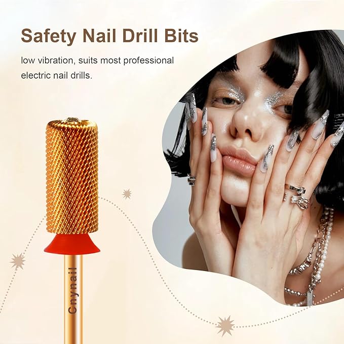3/32" Large Barrel Crystal Top Tungsten Carbide Nail Drill Bit Safety Bit for Gel & Acrylic Removal, 2-Way Rotating Efile Tip, Salon Electric File Accessory (F Grit, Ti-Gold)
