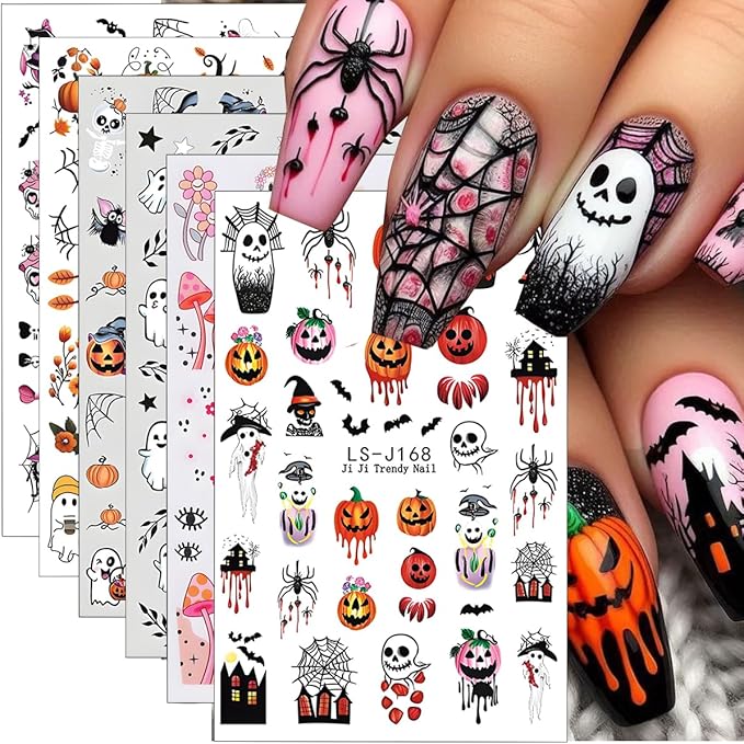 Halloween Nail Art Stickers Decals 3D Pumpkin Ghost Nail Decals 6PCS Skull Ghost Virus Leaf Bat Halloween Nails Design 3D Self-Adhesive Nail Art Supplies Manicure Sticker for Women Holiday Decoration