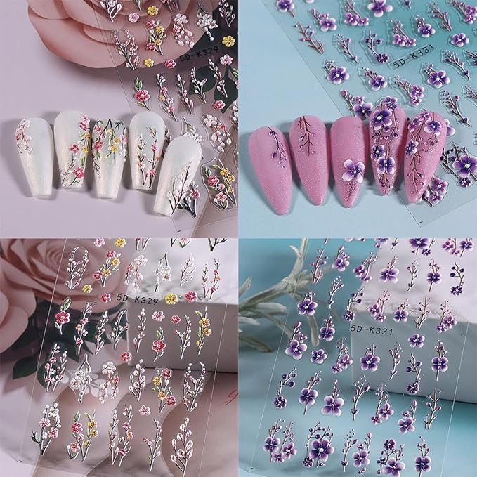 Purple Flower Nail Stickers - 5D Embossed Branch Flowers & Leaves DIY Nail Art Decals - Autumn Colorful Floral Designs for Women & Girls