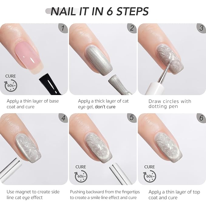 GAOY Pearl Glitter Cat Eye Gel Nail Polish Set, 6 Colors Shimmer Mermaid White Blue Iridescent Soak Off UV Light Cure Gel Polish Kit for Salon and Nail Art DIY at Home