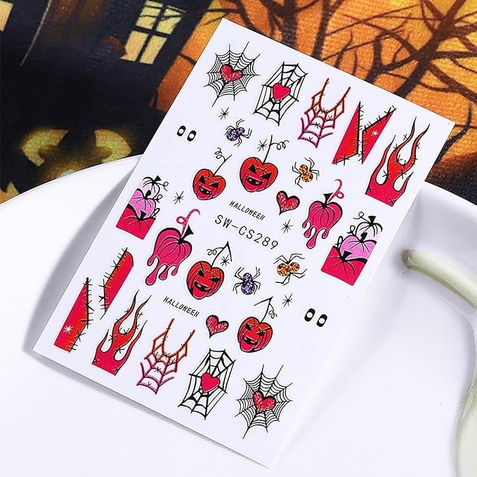 Halloween Nail Art Stickers, Spider Web Nail Art Decals 3D Self-Adhesive Pumpkin Cute Pink Heart Spider Web Nail Design 4Pcs Halloween Nail Art Supplies for Women Nail Decoration