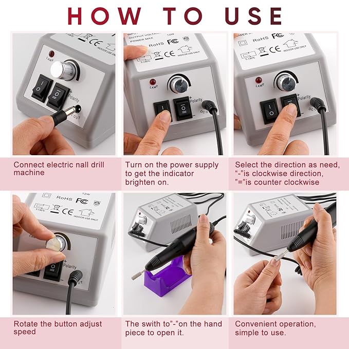Professional Electric Nail Drill Machine Nails File Manicure Pedicure Set for Acrylic Gel Dip Powder Art Shape Remover Tool Polisher Grinder Low Noise with 6 Drill Bits 156pcs Sanding Bands