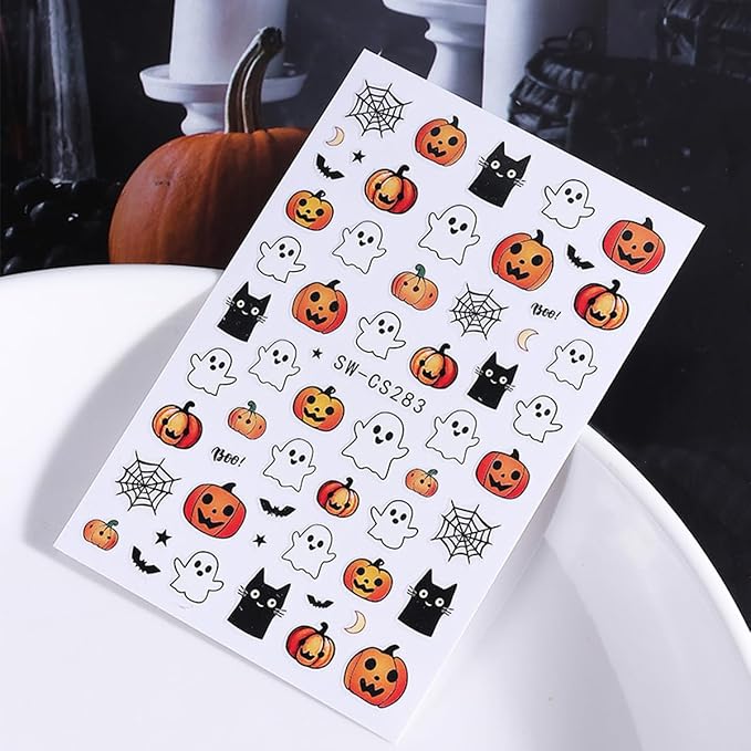 Halloween Nail Stickers for Nail Art 3D Cute Ghost Pumpkin Halloween Nail Decals Nail Art Supplies 6PCS Ghost Skull Black Cat Flame Pumpkin Nails Design Manicure Stickers for Nails DIY Decoration
