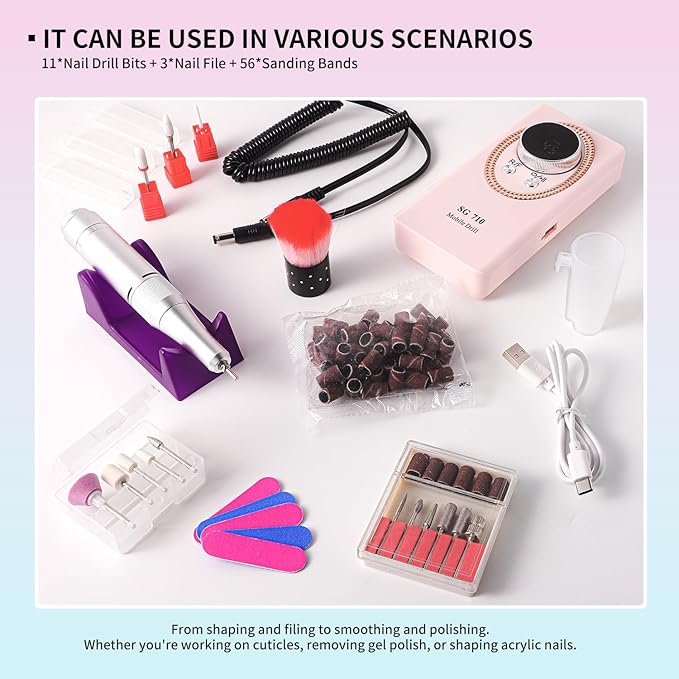 Electric Nail File for Acrylic Nail Kit, 45000RPM Electric Nail Drill Professional Manicure Pedicure Set with Nail Drill Kit Bits, Efile Cordless for Manicure