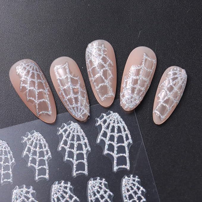 Spider Web Nail Art Stickers 3D Self-Adhesive Halloween Nail Decals 6PCS Glitter Sliver Spider Web Halloween Nails Design Manicure Supply Transfer Sliders for Women Holiday DIY Nail Art Decorations