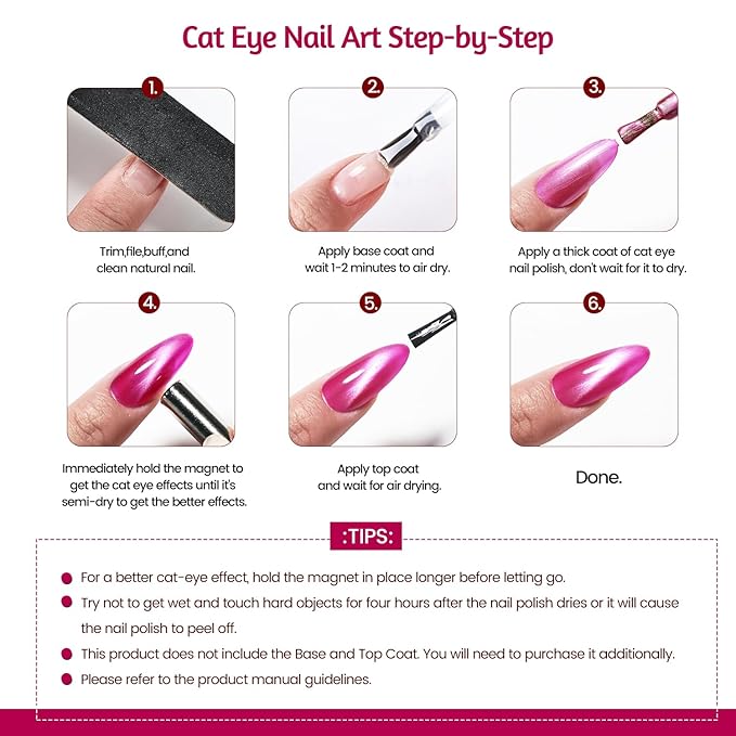 6 Colors 10ml Strawberry Molten Gold Cat Eye Nail Polish with Magnet Stick Quick Dry Nail Polish for Women Salon DIY Nail Art