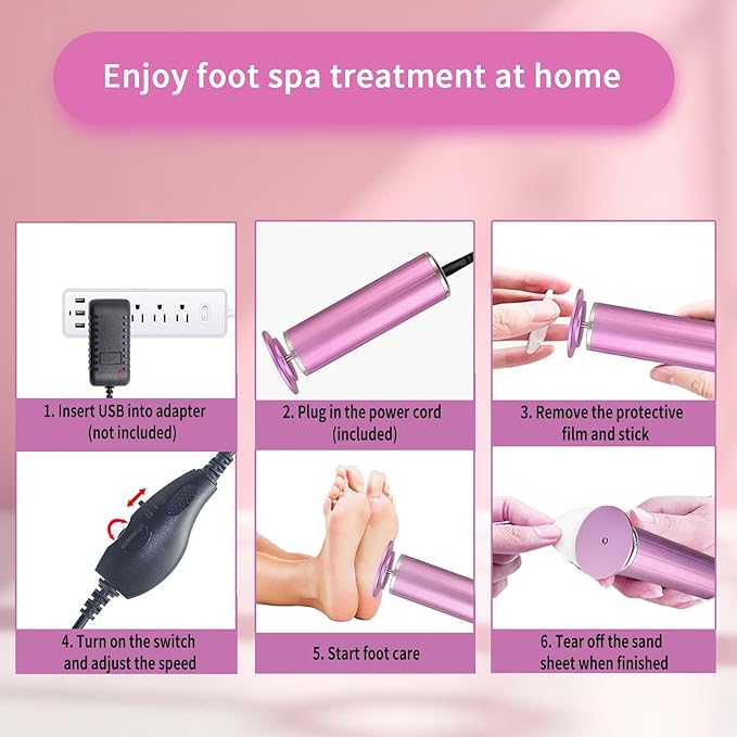 Electric Callus Remover for Feet, USB Power Supply Electric Foot File Sander Scrubber with Speed Controller 60Pcs Replacement Sandpaper Disk for Dead Skin, Cuticles