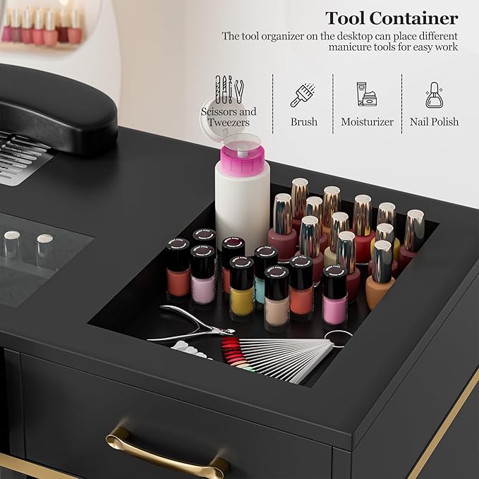 Nail Table Station with Dust Collector, Glass Top Manicure Table Nail Desk Station w/7 Drawers & 3-Tiers Open Shelves, Nail Beauty Workstation w/Wrist Cushion & Acrylic Display Rack(Black-New)