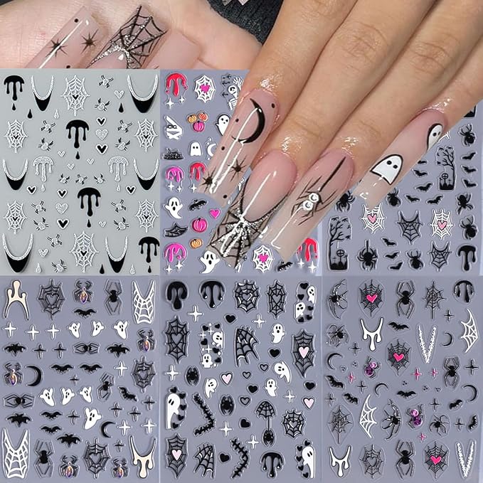 6 Sheets Halloween Nail Art Stickers 3D Self Adhesive Cute Ghost Spider Wed Nail Decals Gothic Bat Blood Nail Stickers Glitter Silver French Nail Design Decals Holiday Nail Art Supplies for Women