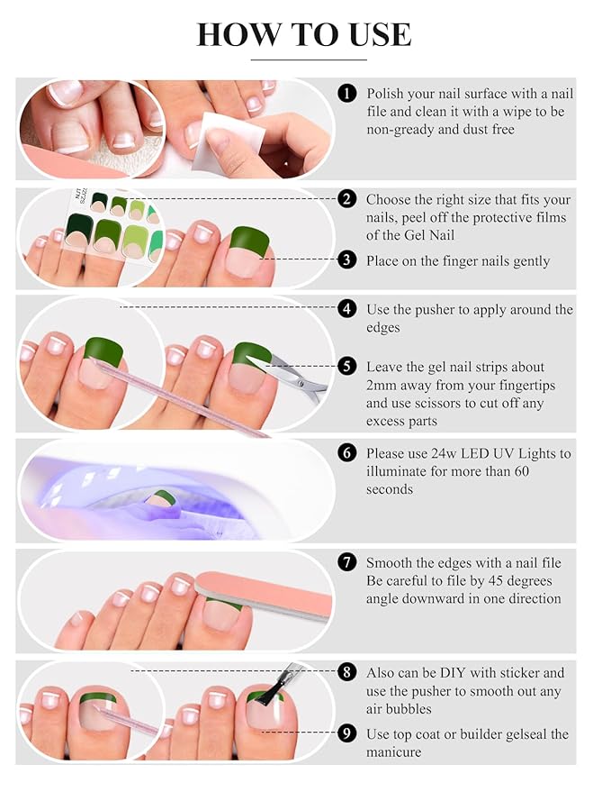 EBANKU 52Pcs Semi-Cured Gel Nail Strips Toes, Green Deep French Gel Nail Strips for Toes, Long-Lasting French Manicure Stickers Salon Nails at Home Requires UV Light with Nail File&Stick