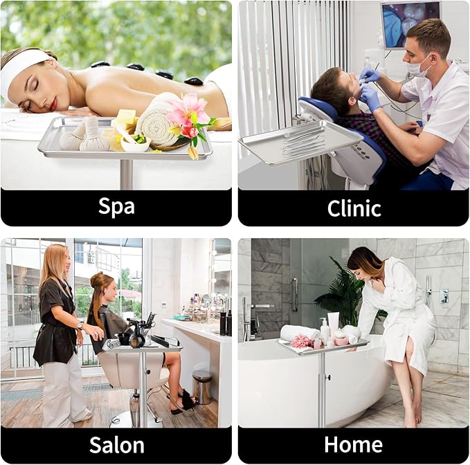 Salon Tray, Silver Salon Tray, Tattoo Tray on Wheels, Metal Salon Rolling Tray, Salon Services Tray Height-Adjustable, (Silver)