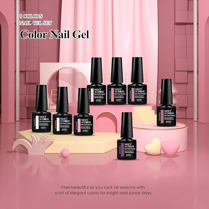 MEET ACROSS 1 Step Gel Polish Set Nail Art Manicure 3 in 1 Gel Kit Soak Off LED Gel Nail Varnishes No Need base gel top coat (Set-1, 8PCS)