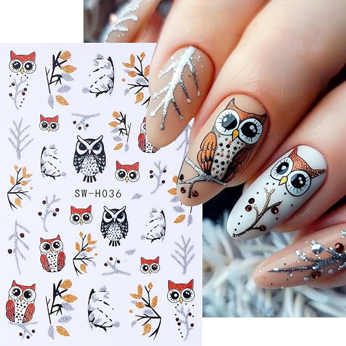 2Sheets Cute Owl Nail Art Stickers 3D Christmas Nail Decals for Acrylic Nails Self-Adhesive Leaves Branches Nail Sticker with Gold Silver Glitter Designs Nail Decal for Women Manicure Decor Supplies
