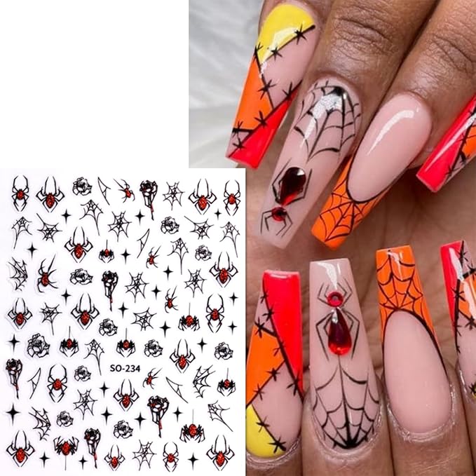 7 Sheets Halloween Nail Stickers 3D for Nail Art Glitter Heart Spider Web Flame Stars Punk Gothic Slider Manicure DIY Nail Art Decoration Accessories for Halloween Party