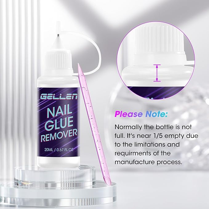 Gellen Nail Glue Remover, Non Acetone Press On Nail Remover for Quick Dry Strong Brush Bond, 10s Fast Gentle Removal Solid Gel & UV Gel, Glue Off for Fake Nail Tips with Stick, 0.67 Fl.oz