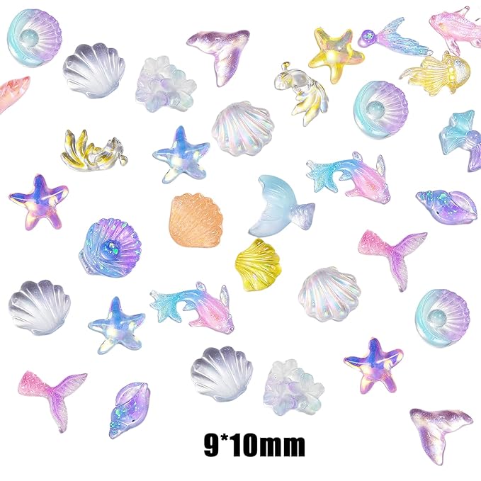 100PCS Summer Beach Nail Resin Charms Summer Ocean Theme Nail Rhinestone Diamonds 3D Starfish Charms for Nails Sea Shell Starfish Dolphin Fishtail Nail Gem for Women Nail Supplies Manicure Decoration