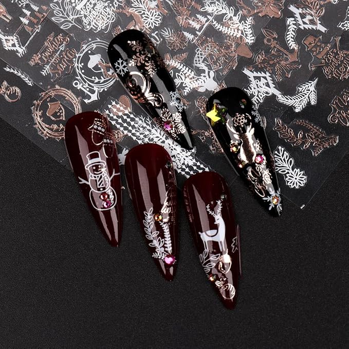 9 Sheets Christmas Nail Art Stickers Decals Self-Adhesive Pegatinas Uñas Rose Gold Snowflake Tree Winter Nail Supplies Nail Art Design Decoration Accessories