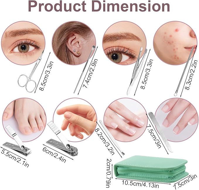 Manicure Set Bulk, Nail Clippers Kit Stainless Steel Fingernail Clippers Set, Sturdy Nail Tip Cutter Trimmers Professional Grooming Toenail Clippers Personal Pedicure Kits 8 in 1 (Green 12 Pack)