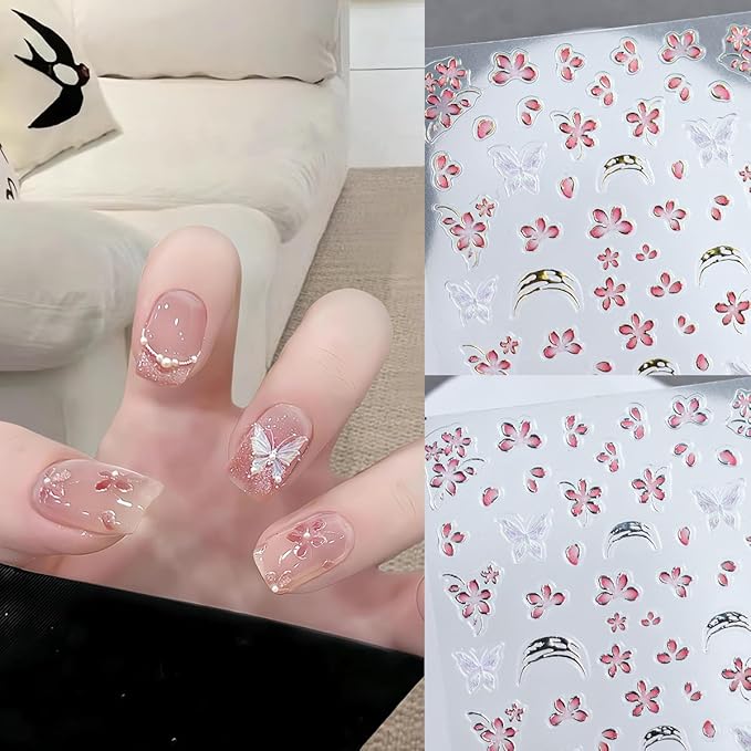 4 Sheets Pink Flower Nail Stickers for Nail Art Cherry Blossom Petals Nail Art Stickers Golden French Tip with Pink Floral Blossom Design Spring Summer Nail Decals Nail Supplies for Acrylic Manicure