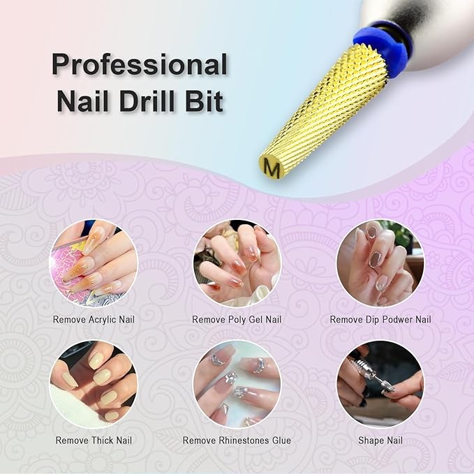 Depvko Super Long 5 in 1 Nail Drill Bits, 3/32'' Carbide Tungsten Bits, Two Way Rotate Professional Advanced Safety Bits for Nail, Fast Remove for Manicure Pedicure (Long 5in1-Gold, Medium-M)