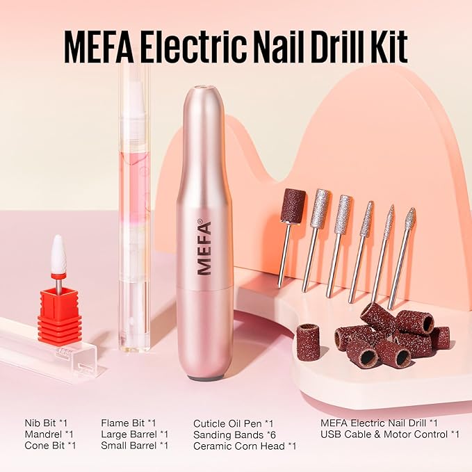 MEFA Nail Drill, Portable Electric Nail Drill with 6PCS Nail Drill Bits and Cuticle Oil Pen, Professional Nail File for Acrylic Gel Dip Powder, Manicure Pedicure Nail Set Efile Nail Drill for Salon
