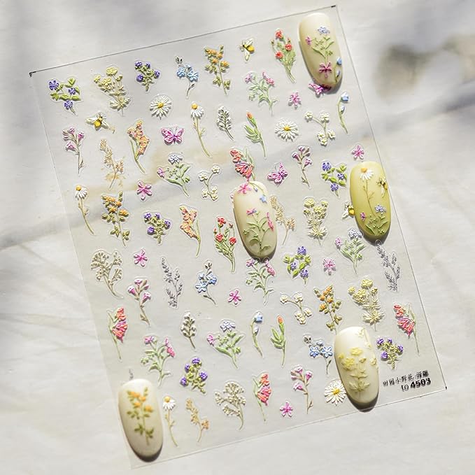 Spring Nail Art Stickers Decals 5D Self Adhesive Colorful Flower Nail Stickers for Nail Art Cute Floral Nail Decals Spring Summer Nail Supplies for Women Girls
