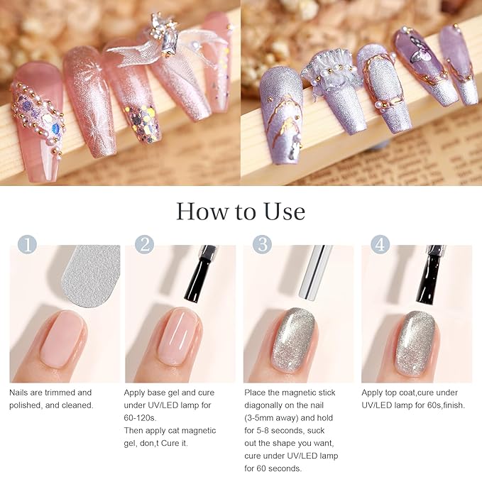 Cat Eye Gel Nail Polish with Magnet Stick, 15ml Glitter Holographic Nail Polish, Magnetic Effect Gel for Home DIY Manicure Gift, Silver Dust