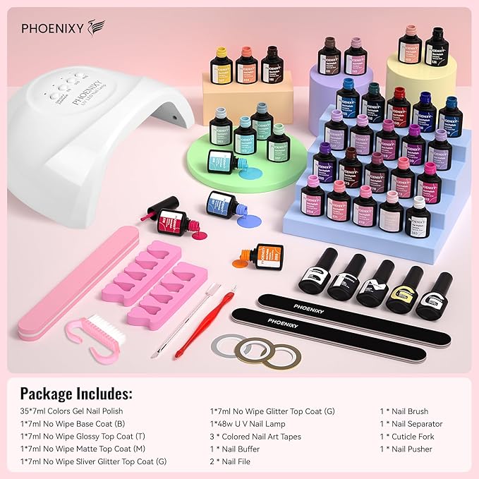 PHOENIXY 51 PCS Gel Nail Polish Kit with U V Light, 35 Colours Gel Polish with 5 Pcs Base Top Coat Manicure Starter Nail Polish Set Gifts for Women ST9012