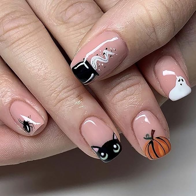 5 Pcs Halloween Nail Stickers,Spider Webs Cute Ghost 3D Self-Adhesive Nail Decals Cat Skull and Pumpkin Designs Nail Decorations Halloween DIY Manicure Supplies for Women Girls