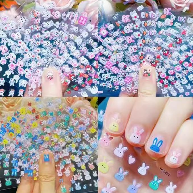 30 Sheets Easter Nail Art Stickers Cute Rabbit 3D Self-Adhesive Nail Decals Spring Cute Bunny Flower with Bling Designs Acrylic Nail Design Stickers Colorful Nail Decor for Women DIY Manicure
