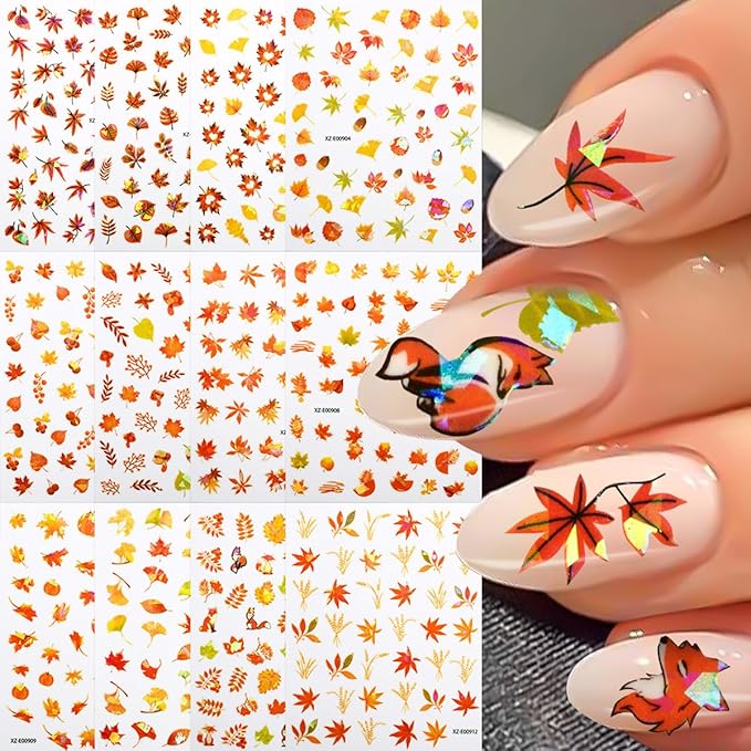 Autumn Nail Art Stickers Maple Leaf Nail Decals Fall Leaves Nail Stickers for Nails Art Mixed Leaf Red Yellow Orange Nut Wheat Design Thanksgiving Nail Sticker for Women DIY Manicure Decor 12 Sheets