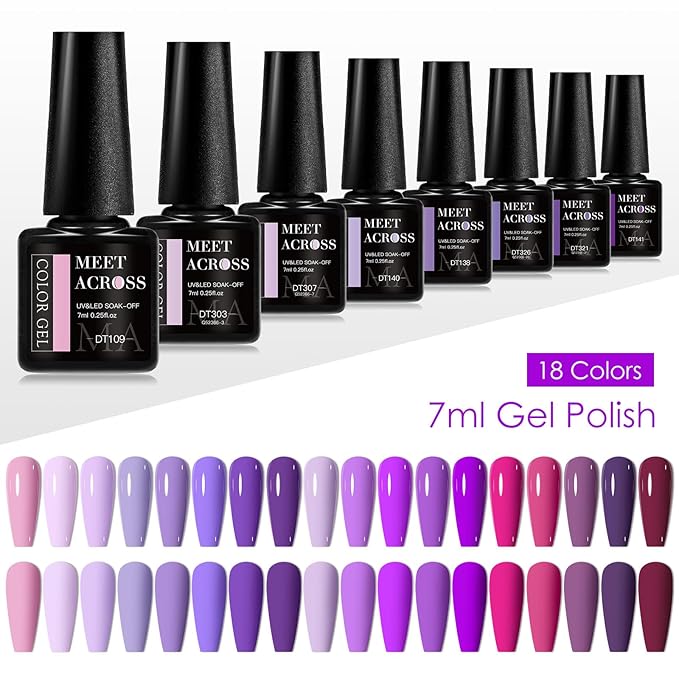 MEET ACROSS 18pcs Gel Nail Polish Set Soak Off UV LED Lamp Gel Nail Polish Kit (SET-8, 18pcs)