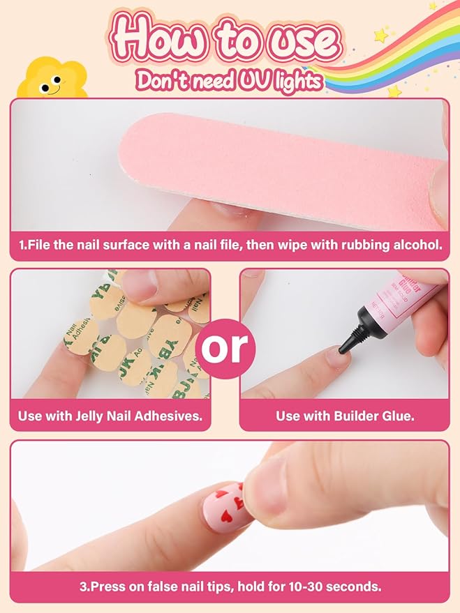 26 Pcs Press on Nails for Girls, EBANKU Fake Nails for Kids 5-12 Years Red Heart False Nails with Nail Glue, Short Full Cover Press on French Nails Tip for Child