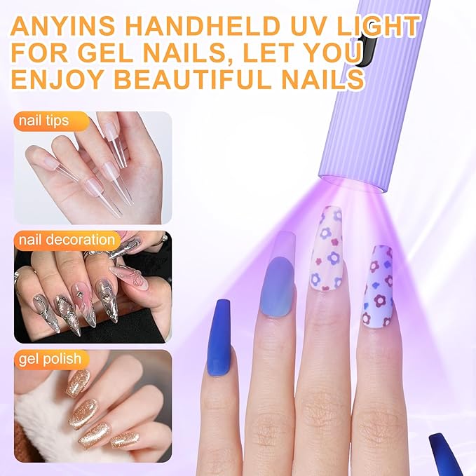 Handheld UV Light for Gel Nails, Purple Gel Light for Nails Cordless Nail Lamp Rechargeable with Led Display Lamp for Rhinestone Glue Decoration DIY at Home
