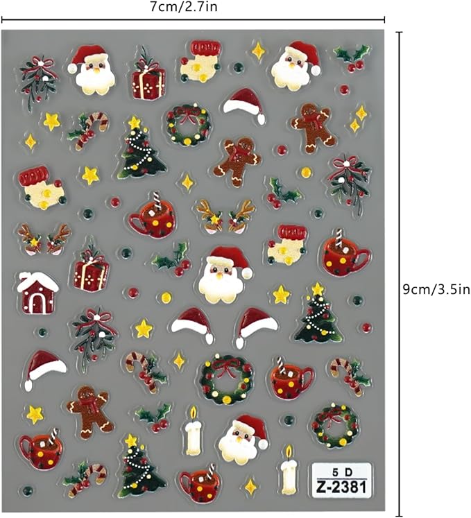 5D Embossed Christmas Nail Stickers for Nail Art Christmas Tree Santa Claus Nail Decals Self Adhesive Nail Design Christmas Nail Art Stickers New Year Nail Art Supplies for Women Girls 2 Sheets