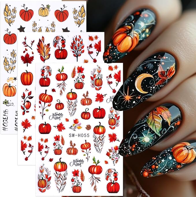 6 Sheets Pumpkin Nail Art Stickers Autumn Maple Leaf Nail Decals Maple Leaves Pumpkin Design Thanksgiving Day Nail Sticker Fall Stickers DIY Manicure Decoration Supplies for Women