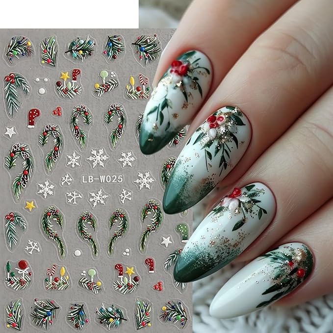 Christmas Nail Art Stickers Winter Nail Decals Snowflake Nail Stickers for Nail Art Cedar Green Red Christmas Tree Design 3D Self Adhesive Nail Sticker for Women Decor Holiday Accessories 4 Sheets