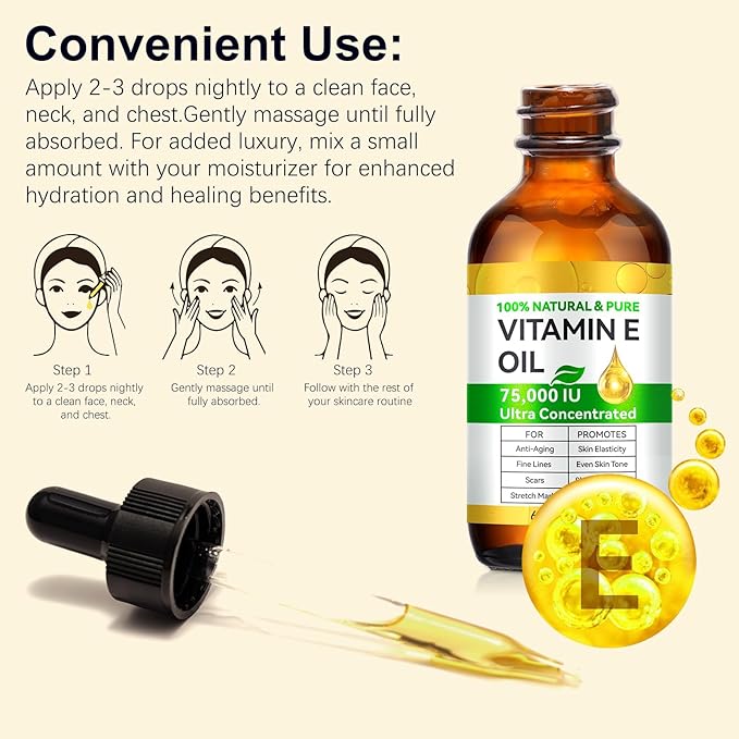 Vitamin E Oil Blend 75,000 IU, Pure Vitamin E Oil for Skin, Scars, Nails and Scalp, Face and Body Moisturizer, Hydrating Dry Skin, Reduce Stretch Marks, Fine Lines & Wrinkles, 2Fl Oz (Pack of 2)