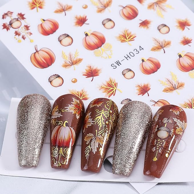 6Pcs Fall Nail Stickers Thanksgiving Pumpkin Nail Decals DIY Self Adhesive Maple Leaves Nail Design Sticker Autumn Nail Decoration Supplies Manicure Accessories for Women Girls