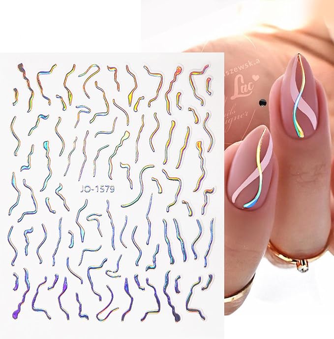 12 Sheets Star Nail Stickers Decals Silver Heart Nail Stickers Geometric Line Nail Decals for Nail Art 3D Self Adhesive Holographic Stripe Nail Designs for Women Nail Art Supplies Decorations