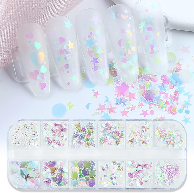 Iridescent Nail Art Glitter Sequins, Holographic 3D Ultra Thin Nail Art Glitter Flakes Designs, Heart Butterfly Round Star Acrylic Nails Supplies for Women Girls Manicure Decorations, DIY Nail Crafts