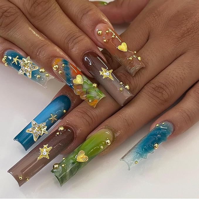 124PCS Star 3D Nail Charms for Acrylic Nails, Gold Alloy Nail Gems Starburst Nail Accessories, Nail Rhinestones for Nail Art Supplies Manicure Craft DIY