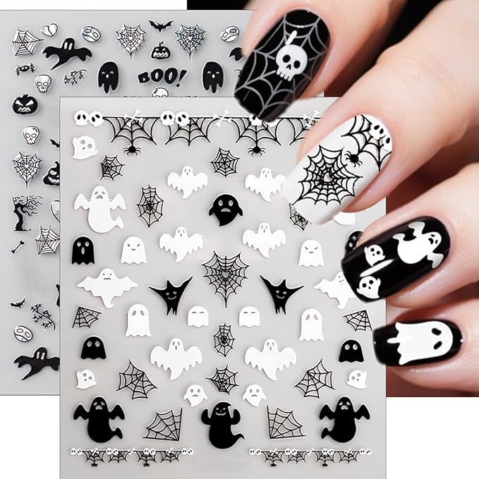 6Pcs Halloween Nail Stickers 3D Spider Web Skull Goth Nails Decals Black Skeleton Hand Bone Bat Spiders Nails Design Ghost Stickers Horror Halloween Nail Art Supplies for Women DIY Manicure Decoration