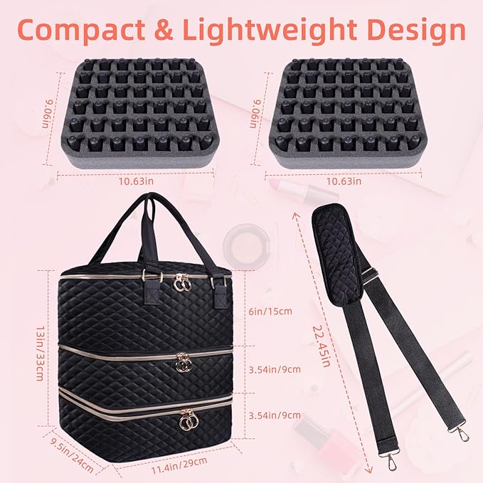 Nail Polish Organizer Case,3 Layers Nail Organizers and Storage With Detachable Holds 84 Bottles Nail Polish & Nail Lamp Large Nail Polish Organizer Bag ,for Manicure Tools, Nail Polish Kit (Black)