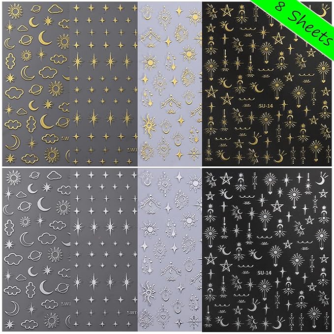 Star Nail Stickers - 8Sheets Metallic Star Nail Art Stickers 3D Star Moon Sun Nail Decals for Nail Art Supplies Sun Stars Moon Starlight Glitter Gold Silver Design French Manicure Decoration for Women