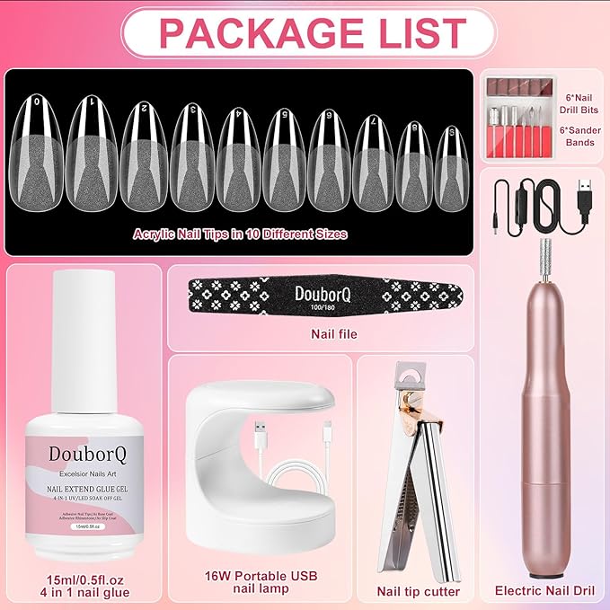 Major Dijit Gel Nail Kit - Beginner Gel Nail Set with Nail Drill, 0.5oz 4-in-1 Nail Glue, 500PCS Almond Nail Tips, UV Lamp for Nail Extension & Art