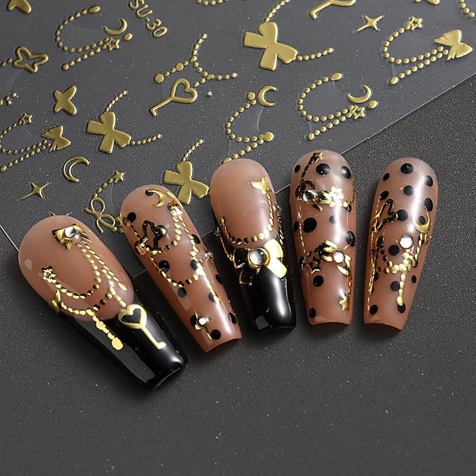 Silver Gold Bow Heart Nail Art Stickers, 6 Sheets 3D Self-Adhesive Nail Decals for Women and Girls, Nail Art Design Shiny Supplies Decoration Accessories