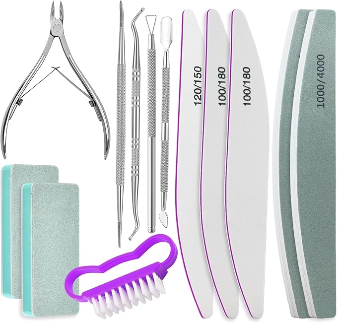 Nail Prep Care Kit with Buffers and Files, Cuticle Nipper Clipper, Ingrown Toenail Corrector, Cuticle Pusher, Cuticle Peeler, Nail Lifter, Dust Brush, Manicure Pedicure Kit Salon Home