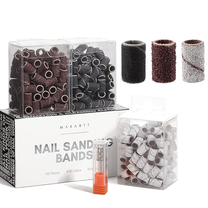 Makartt Nail Drill Bits Sanding Bands - for Nail Drill #80#150#240 Grits 300Pcs File Sanding Bands Zebra Brown Professional Bits Set for Acrylic Nails Gel Manicures Pedicures Tools(Brown,Zebra,Black)