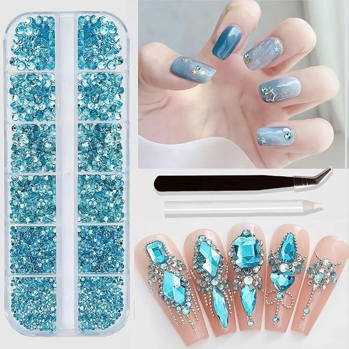SS4-SS16 1440pcs Clear Crystal AB Gold 3D Non HotFix Flatback Nails Art Decorations Gun Grey Beads DIY Tool Nail Studs Accessories Gold Charms (Blue)